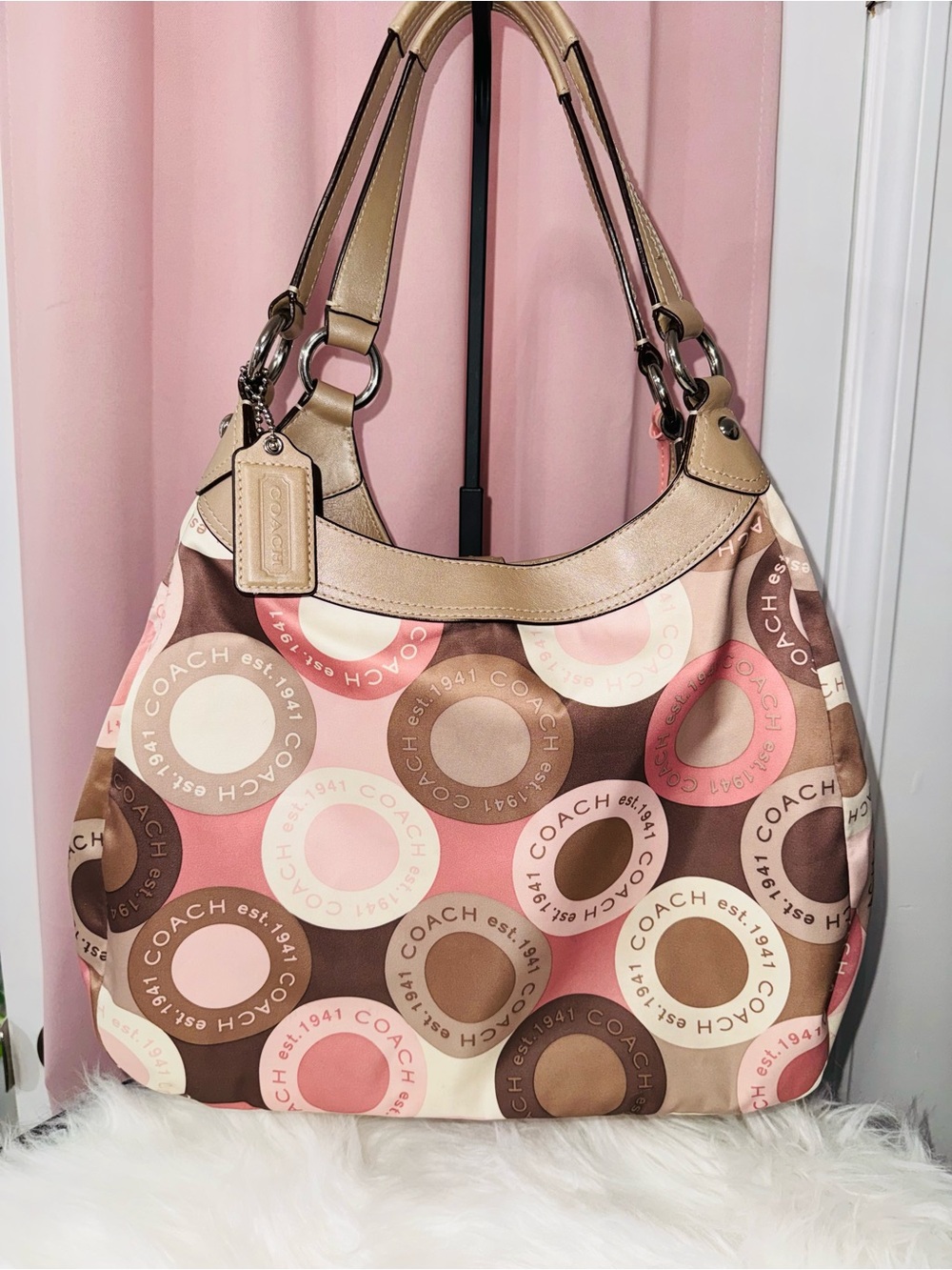 Coach Pink Brown Circle Logo Print Hobo Shoulder Bag Y2K - Picture 2 of 10